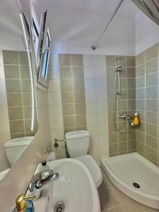 a bathroom with a sink and a toilet and a shower at Larissa city ap 7 with parking in Larisa +8 photos