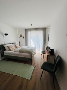 a bedroom with a bed and a chair and a window at Ferienwohnung Bächle, sehr zentral in Freiburg im Breisgau