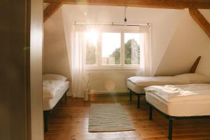 a room with two beds and a window at NONNA Hof - Natur & Ruhe in Ostseenähe in Altwigshagen