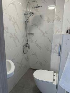 a bathroom with a shower and a toilet and a sink at Apartmány Zuzana in Primošten +15 photos