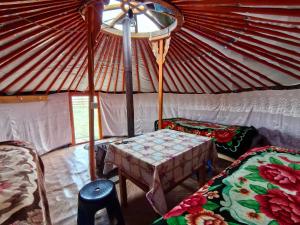 ein Zimmer mit einem Zelt, in dem zwei Betten und ein Tisch stehen in der Unterkunft Doloon Uul in Turt