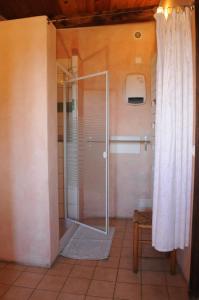 una ducha en un baño con puerta de cristal en Gîte du Grand Sourel, sa vue et son jardin, en Moissac-Vallée-Française