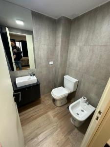 ein Badezimmer mit Toilette, Waschbecken und Spiegel in der Unterkunft MOVISTAR ARENA a 2 CUADRAS PREMIUM !!!! in Buenos Aires + 8 Fotos