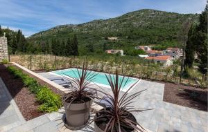 einen Pool mit zwei Topfpflanzen auf einer Terrasse in der Unterkunft 2 Bedroom Beautiful Home In Kremena in Kremena