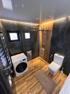 a bathroom with a shower and a toilet and a sink at pro100 house in Volosyanka