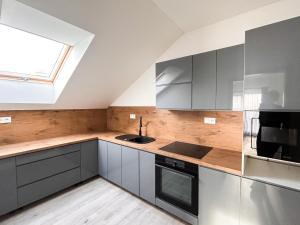 a kitchen with gray cabinets and a window at Grey Apartment Hlohovec in Hlohovec
