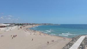 a group of people on a beach near the ocean at Hostel Delfinul Albastru in Costinesti