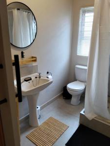 a bathroom with a sink and a toilet and a mirror at Charming Cottage in Prime Location in Gqeberha +13 photos