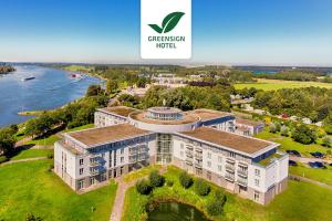an aerial view of a building with the chesapeake hotel at Welcome Hotel Wesel in Wesel