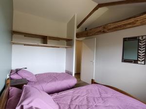 two beds in a room with purple sheets at Gîte du Bobet in Chambost-Longessaigne +10 photos