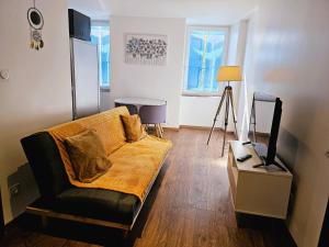 a living room with a couch and a television at 3 Liberte - 2nd in Saint-Affrique