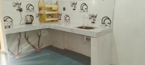 a bathroom with a sink with antlers on the wall at coastalcrownvilla in Arugam Bay