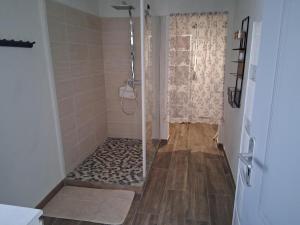 a bathroom with a shower with a glass door at les noisetiers de verinas in Rochechouart