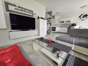 a living room with a couch and a television at Designer apartment in nature in Vojnik +7 photos