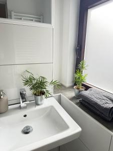 a bathroom with a white sink and two potted plants at Modern Cozy Studio Apartment & Terrace in Oldenburg