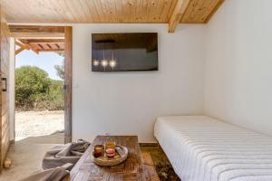 a bedroom with a bed and a table and a tv at Rustic cabin with pond and deck in Aljezur