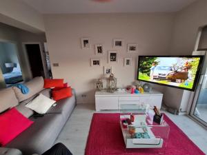 Una sala de estar con un sofá y un televisor de pantalla plana. en Panxon Madorra, en Nigrán