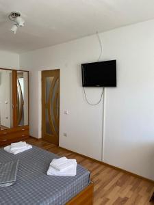 a bedroom with a bed and a flat screen tv on a wall at Casa Valy in Orşova