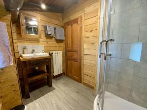 斯姿Chalet Des Sangliers的带淋浴、水槽和淋浴的浴室