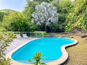 a swimming pool in a garden with a palm tree in the background at Koala1 Elegant 1BR Duplex, Anse Marcel, Sea View in Anse Marcel 