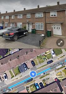 two pictures of a house with a car parked in front at The Holbein Three bedroom home near tilgate park private parking and garden in Crawley