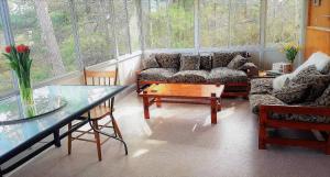 - un salon avec des canapés et une table en verre dans l'établissement Comfy Cottage in Georgian Bay - Rockwood #9, à Dillon