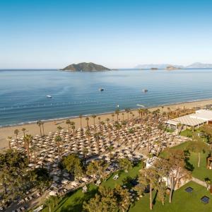 an aerial view of a beach with palm trees at Liberty Signa in Fethiye