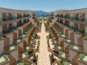 an artist rendering of the courtyard of an apartment building at Liberty Signa in Fethiye