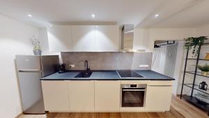 a kitchen with a sink and a refrigerator at Der Platzhirsch - Design-Apartment in grüner Oase in Freiburg im Breisgau
