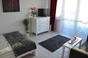 a bedroom with a bed and a tv on a dresser at BAiGO STAR in Gdynia