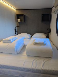 two beds in a room with white sheets and pillows at Houseboat 19 20 Sneekermeer in Offingawier