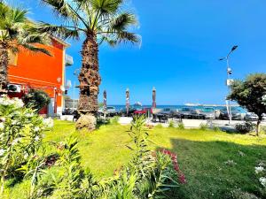 a palm tree in a park with the ocean in the background at Giardini d'Amuri in Giardini Naxos