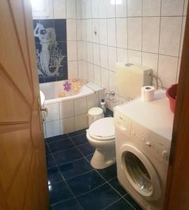 ein Badezimmer mit Toilette und Waschmaschine in der Unterkunft νέα ηρακλειτσα όμορφο διαμέρισμα in Nea Iraklitsa