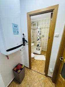 a bathroom with a toilet and a shower with a television at Apartament David in Neptun