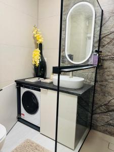 a bathroom with a washing machine and a mirror at Sweet Dreams Apart in Szczytno +17 photos