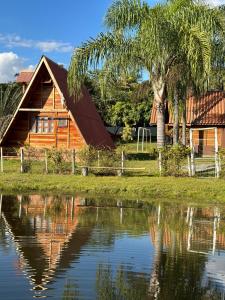 a cabin with a palm tree and a pond at Pousada dos Azevedo in Cláudio
