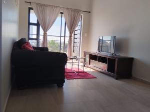 Una sala de estar con un sofá y un televisor. en Arum Cove Bloubergstrand, en Cape Town