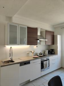 a kitchen with white cabinets and a sink at Ferienwohnung Landliebe, nahe Jennersdorf und Therme in Windisch Minihof +20 photos