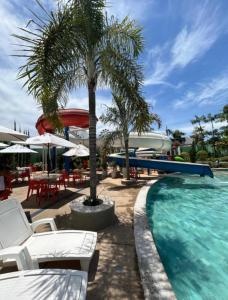 a swimming pool with chairs and a palm tree next to a resort at Apart Hotel CTC - Edifício Araras in Caldas Novas