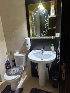a bathroom with a sink and a toilet and a mirror at Jnane dalia in Bouznika +17 photos