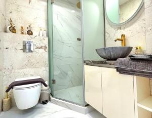 a bathroom with a shower and a toilet and a sink at Luxury design Apartment in Chişinău +37 photos