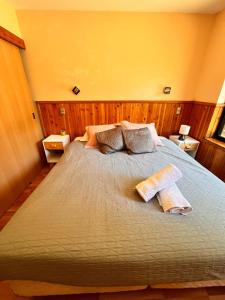 a bedroom with a large bed with two pillows at Bosque Volcánico in Pucón