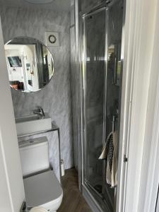 a bathroom with a shower and a toilet and a sink at Seaside Chalet Escape in Bridlington in Bridlington
