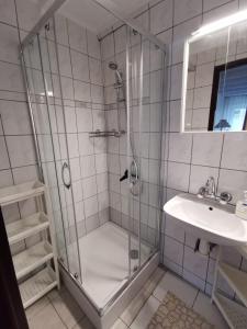 een badkamer met een glazen douche en een wastafel bij Lipowa 6 Łagów Lubuski in Łagów
