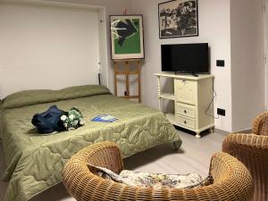 una camera da letto con un letto, una TV e sedie in vimini di Al Panorama Civitella del Lago a Civitella Del Lago