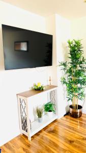 a living room with a tv on a wall with plants at Modern 2 Bedroom GF - Aberdeen City Centre - Private Car Park in Aberdeen