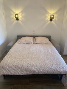 une chambre avec un lit avec deux oreillers dessus dans l'établissement Charmant Appartement climatisé - Wifi, à Saint-Raphaël 15 autres photos