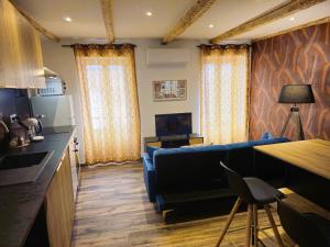 a living room with a blue couch and a kitchen at Mitrons - 3B in Saint-Affrique
