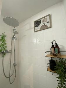 Un baño con ducha y cabezal de ducha en Apartamento en frente al mar de Empuriabrava, en Empuriabrava 24 fotos más