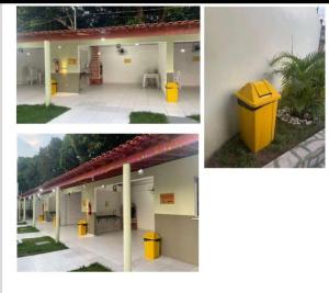 two pictures of a building with a yellow trash can at Apartamento condominiofechado in Ananindeua
